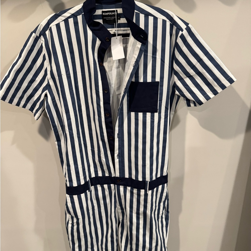 Romperjaxk Navy and White Striped Bodysuit